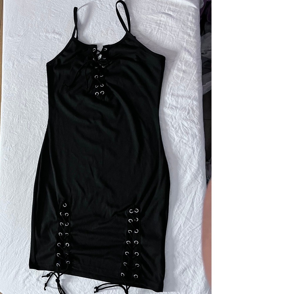 SHEIN Black Ribbed Lace Up Bodycon Mini Dress Women's‎ Size S